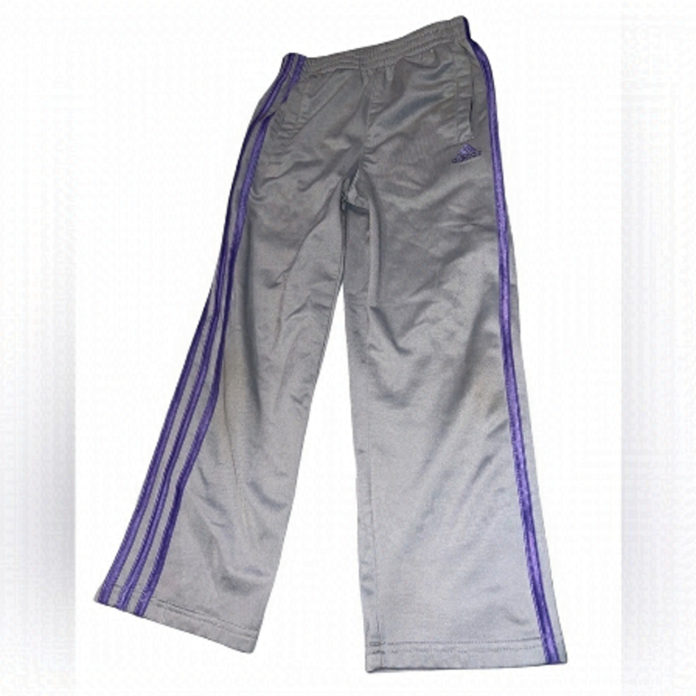 Adidas Girls work out athletic lounge pants grey gray with purple stripe 6X.